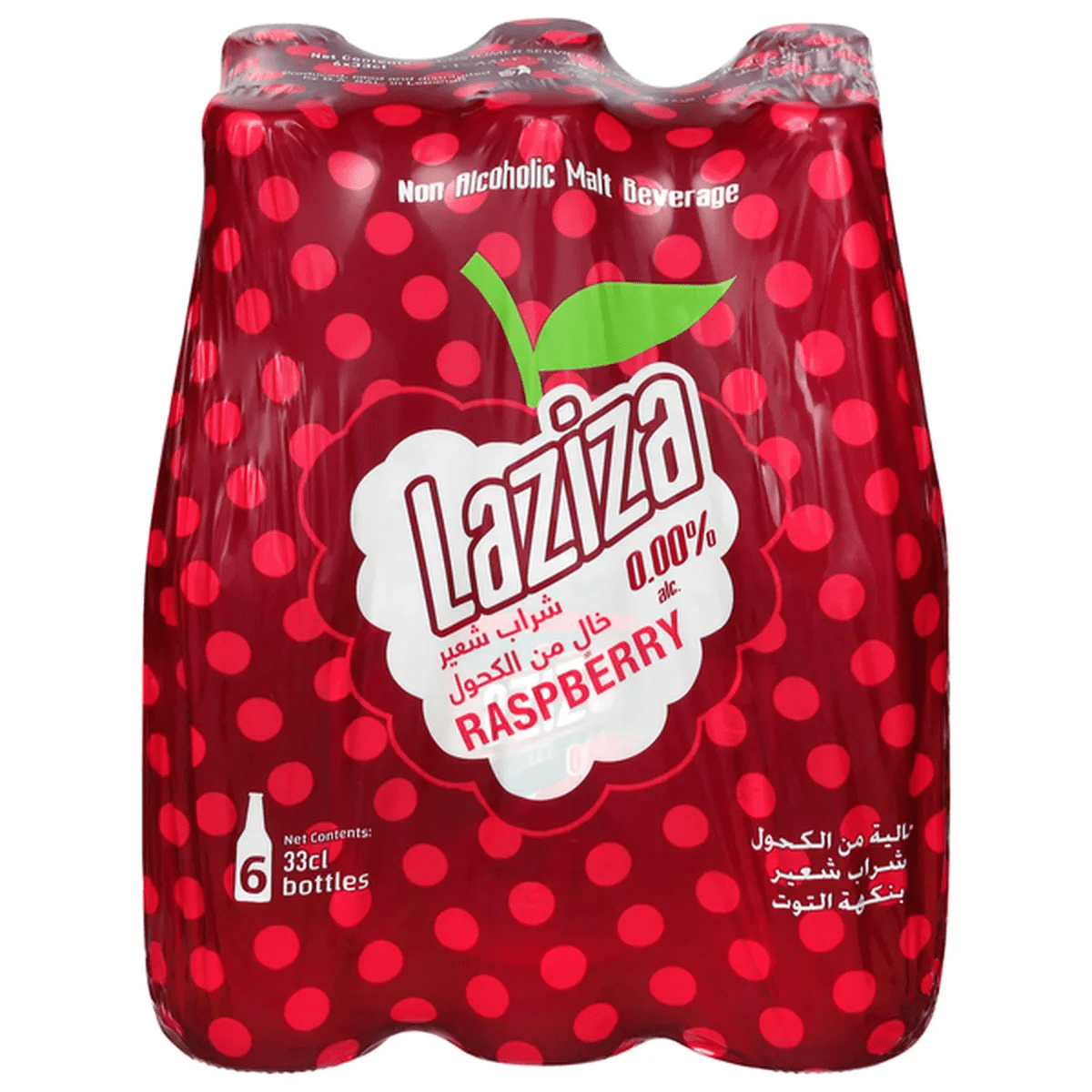 Laziza Raspberry Flavor Malt Beverage, One 6-Pack 11 fl. oz. (330ml) Glass Bottles