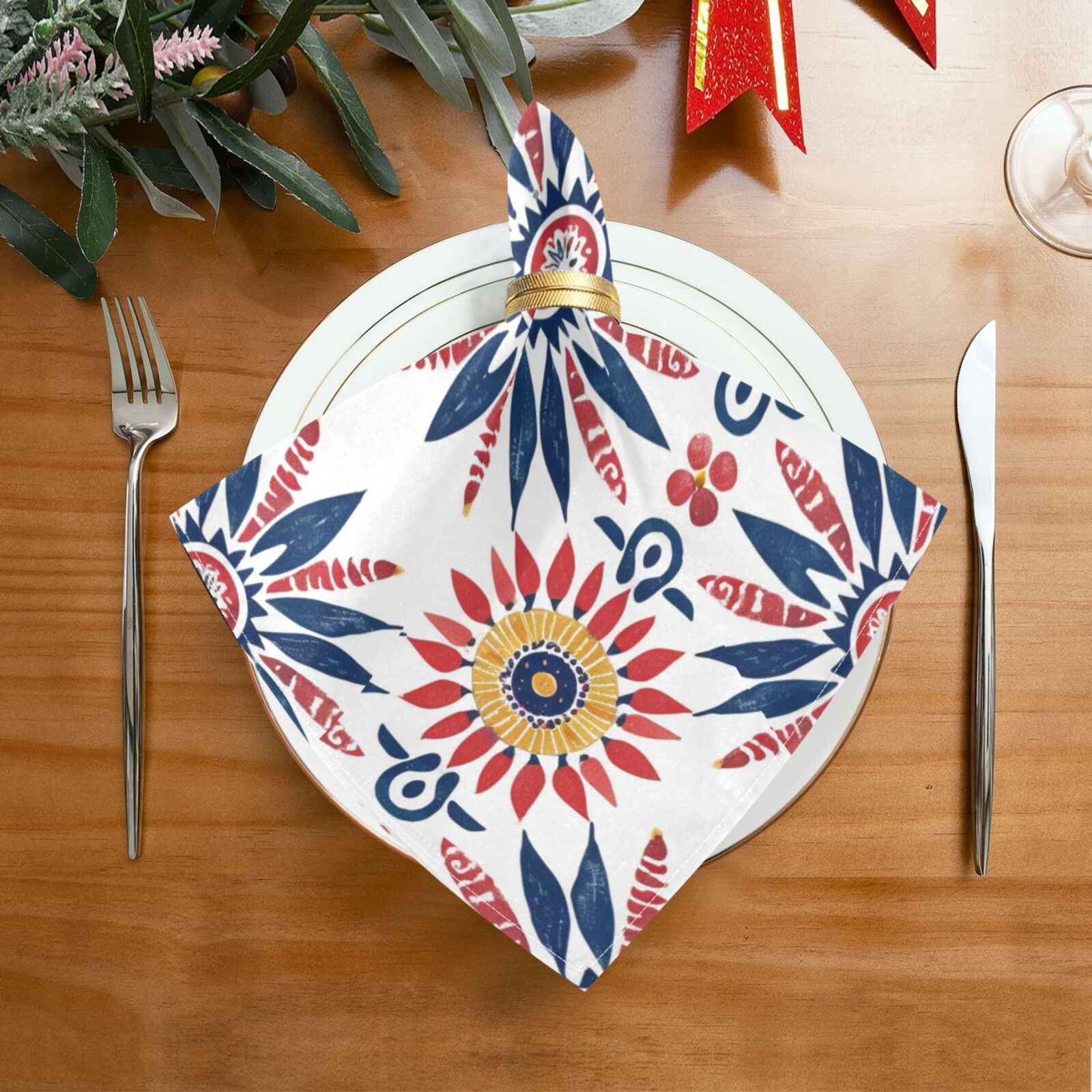 JSTEL Boho Flowers Bohemian Cloth Napkins Set of 6, 20x20 Inch Washable and Reusable Napkin for Decoupage Dinner Party Everyday Use