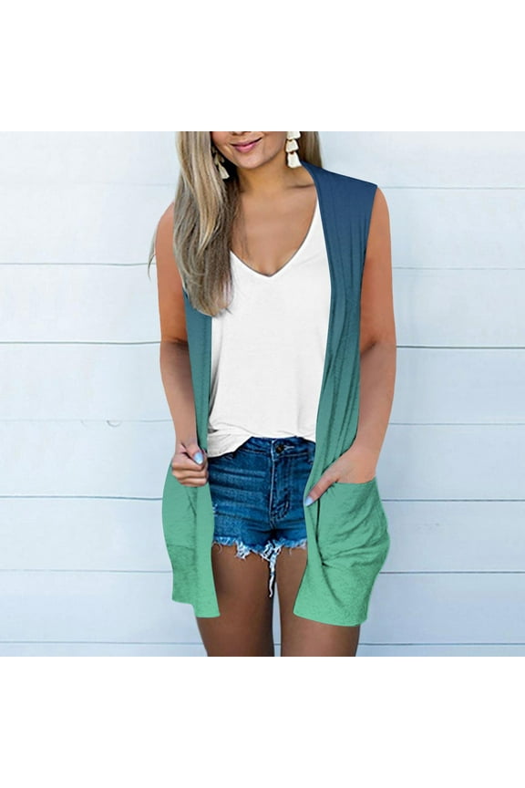 Womens Sleeveless Lightweight Printed Open Front Long Duster Cardigan Vest Plus Size