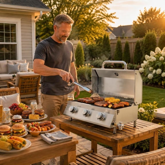 Tabletop Gas Grill, 3-Burner Stainless Steel Portable Propane Grill with Built-in Thermometer, Travel Locks, Weatherproof Lid