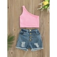 thumbnail image 3 of Bagilaanoe Toddler Baby Girls Summer 2Pcs Outfit Pink Sleeveless One Shoulder Tops + Ripped Denim Shorts 1T 2T 3T 4T 5T 6T Casual Set for Kids, 3 of 7