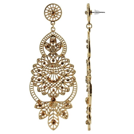 Gold Stud Triangle Top - Gem Avenue Fascinating Filigree Floral design Studded rhinestones Post Back Dangle Earrings