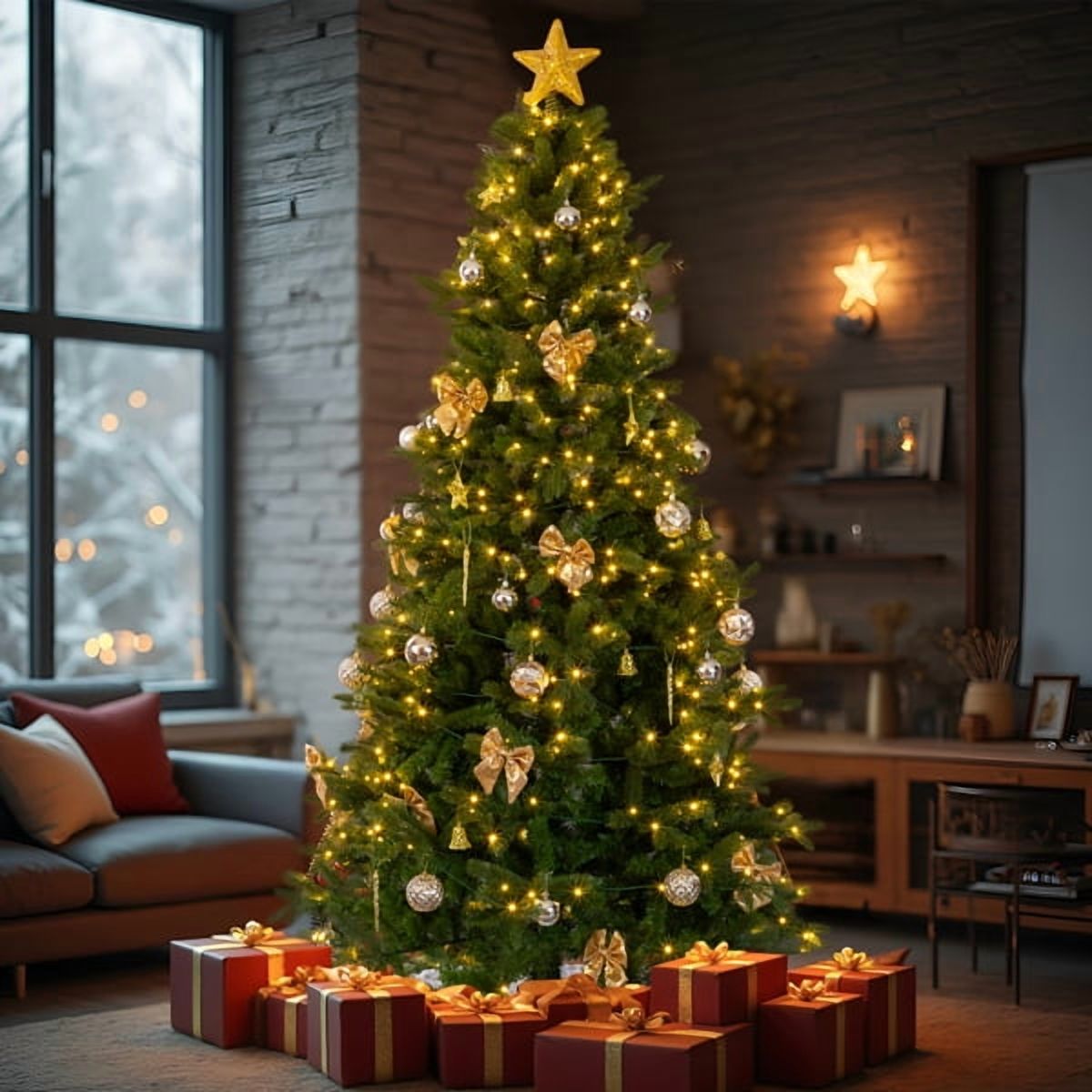 7.5FT Pre-Lit Christmas Tree - 950 Branch Tips 400 Warm White LEDs Golden Ornaments + Tree Skirt Included for Home/Office