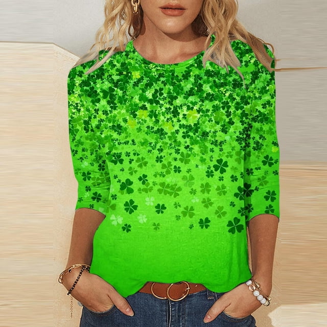 TaTaai Women's Spring Festival Top Round Neck 3/4 Sleeve Green St. Patrick's Day Print T-Shirt Loose Fit Casual Holiday Blouse Gift