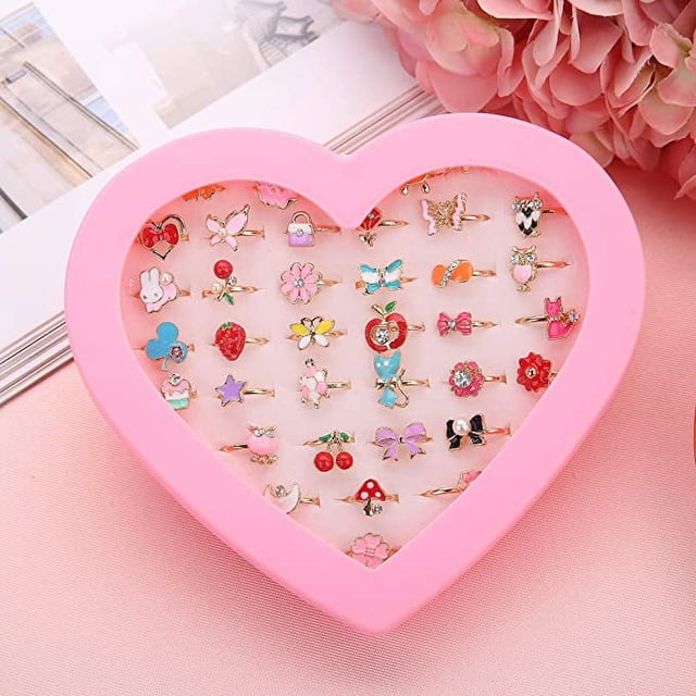 Paquete de 36 cajas de anillos ajustables para niñas pequeñas, juego de anillos de joyería para niños con vitrina de corazón, anillos de vestir para niñas, regalos de Navidad para niños ER