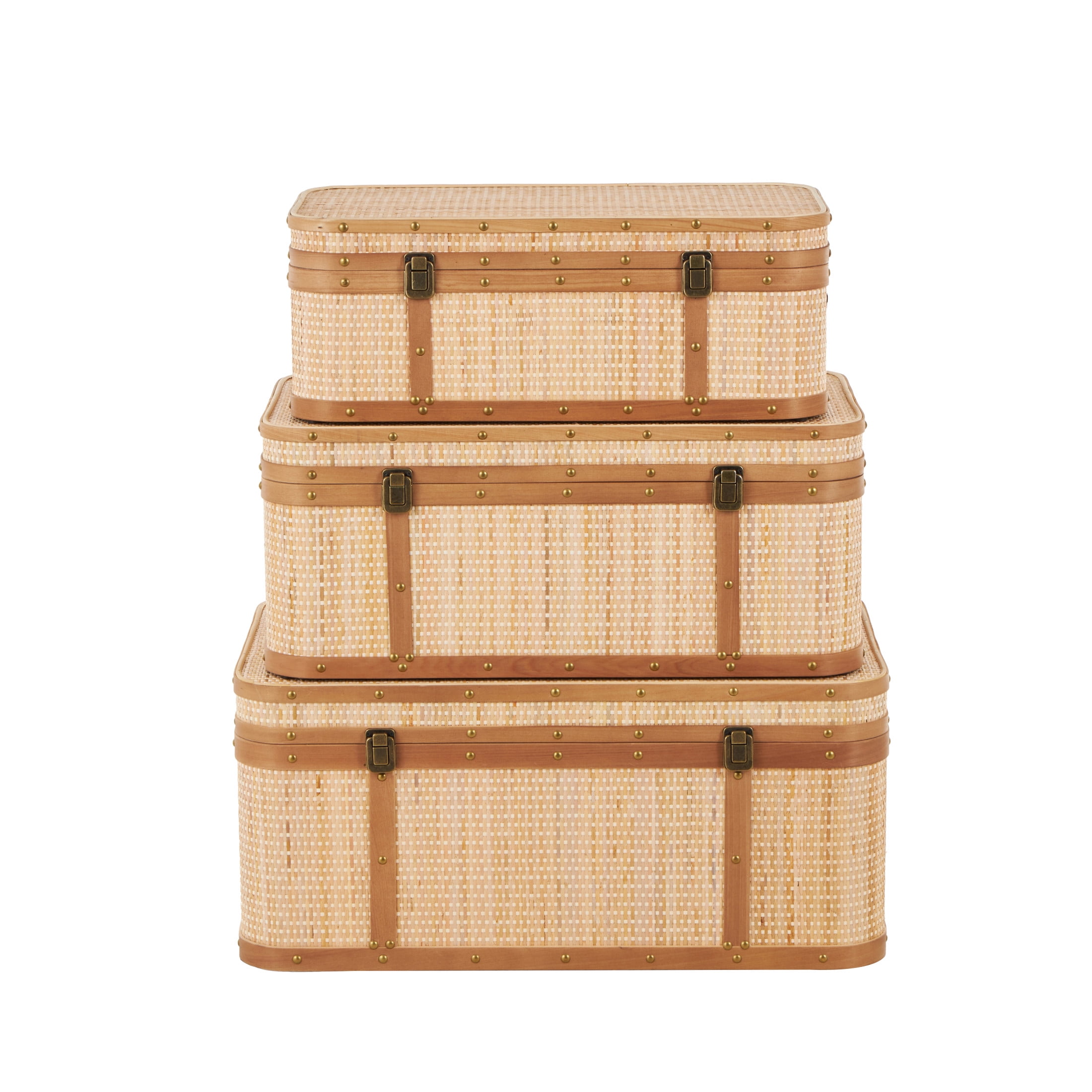 DecMode 28" x 13" Light Brown Rattan Woven Trunk with Brass Metal Latches and Brown Wooden Accents, 3-Pieces