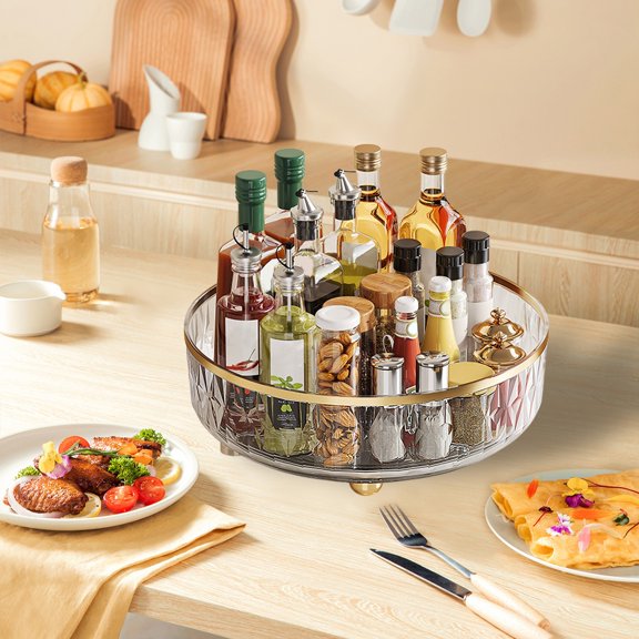 Rotating Snack Tray Organizer, Clear Plastic Round Serving Dish for Fruits, Candy, Nuts, Stackable Lazy Susan Countertop Storage, Easy Clean Dessert Tray