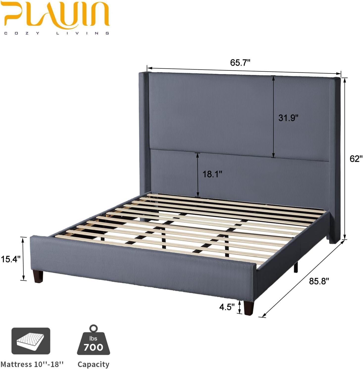 VanAcc Queen Size Platform Bed Frame with 62" Headboard Corduroy Upholstered Bed/Wingback/No Box Spring Needed/Noise Free/Grey