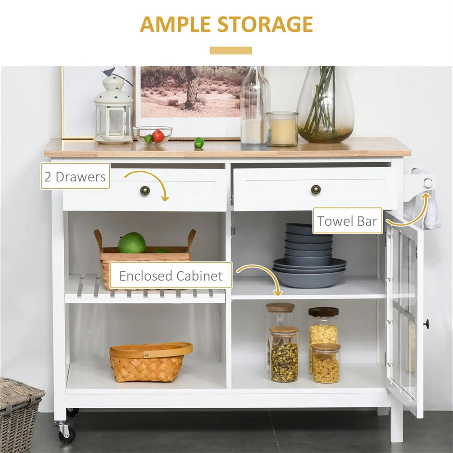 Demi Bonn Kitchen Island Cart on Wheels with Storage, Rolling Dining Room Serving Utility Carts Mobile Movable with Adjustable Shelf and Drawer, White