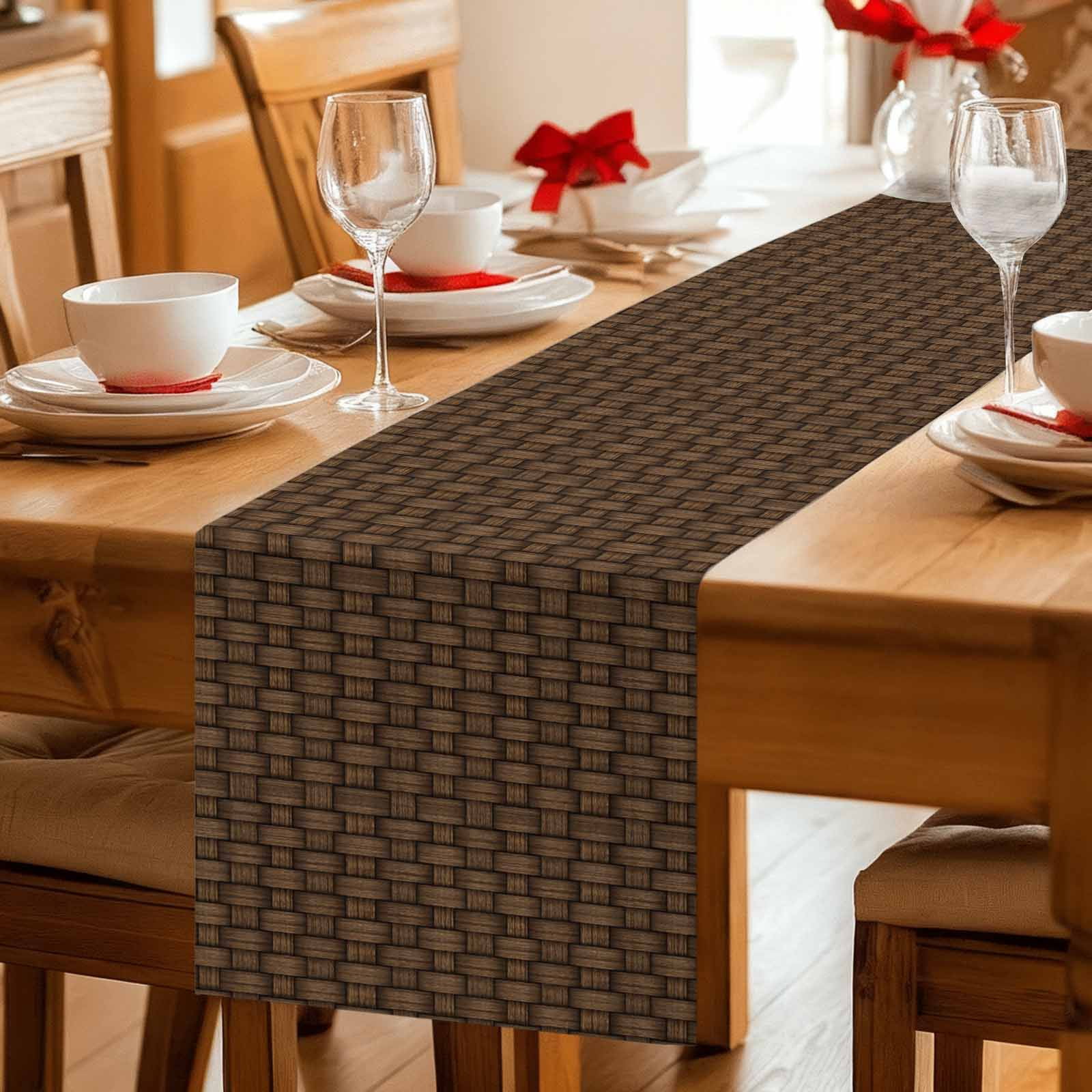 Dark Brown Rattan Table Runner - 70 Inch Long Vintage Abstract Wicker Texture Cotton and Linen Blended Dress Scarves Farmhouse Table Runner for Kitchen Dining, Coffee Table, 13" x 70"