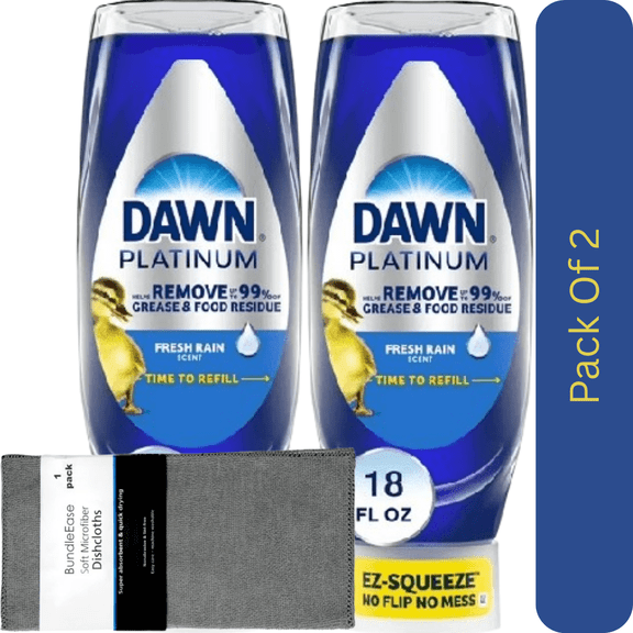 Dawn Platinum EZ-Squeeze Dishwashing Liquid, Fresh Rain Dish Soap, 18 oz with Microfiber Solid Color Dishcloth by BundleEase
