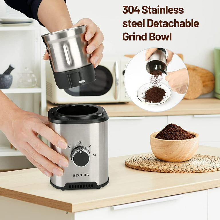 Secura Coffee Grinder Electric, Spice Grinder Electric, Coffee Bean Grinder,  Dry & Wet Grinders for Spices, Herbs, Nuts, Grains with 2 Stainless Steel  Blades Removable Bowls 