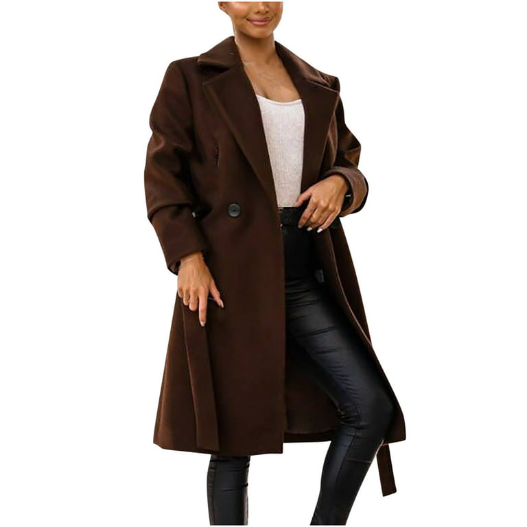 jsaierl Women Trench Coat Long Sleeve Pea Coat Open Front One Button Wool  Blend Solid Long Jacket Overcoat Outwear