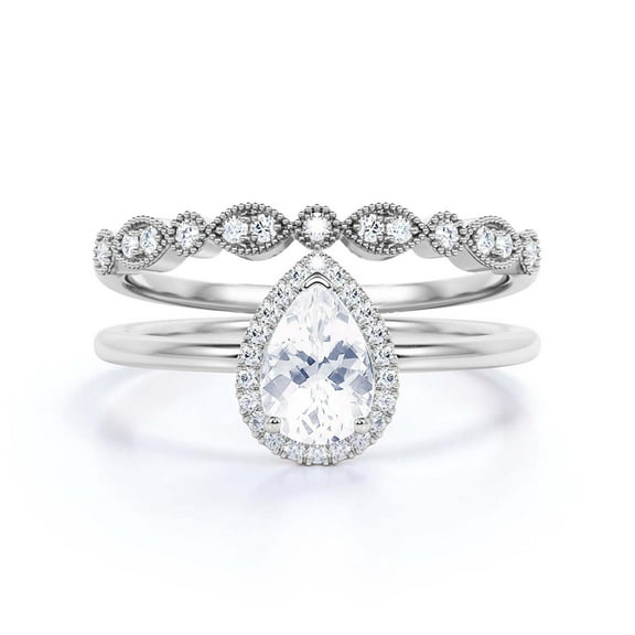 Beautiful Art Deco 1.75 Carat Pear Cut Affordable Diamond Moissanite Engagement Ring, Classic Wedding Ring, One Matching Band in 925 Sterling Silver With 18k White Gold Plating,Promise Ring
