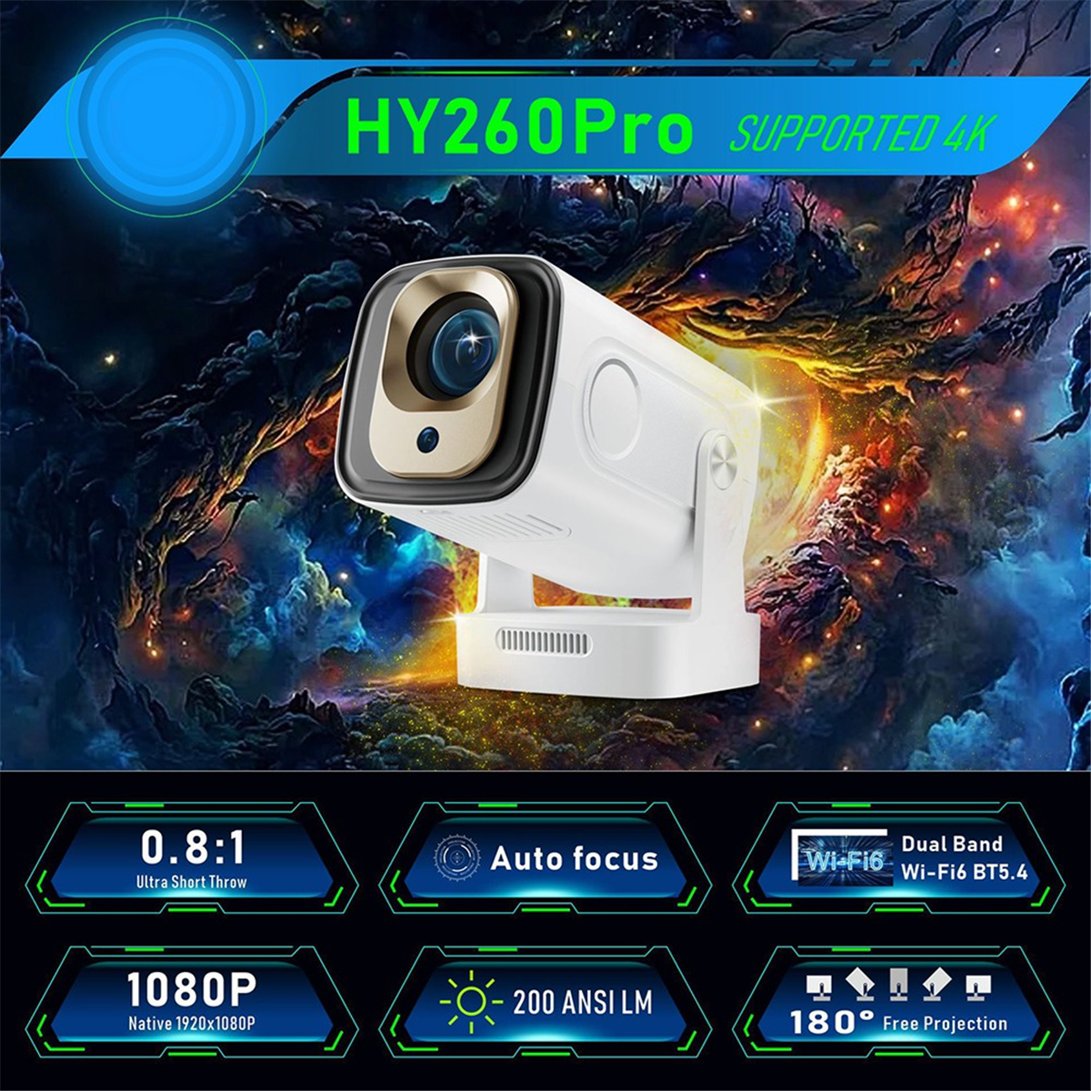 HY260 PRO 1080P Android 11 4K Projector 200ANSI Wifi6 BT5.4 Cinema Outdoor Portable 180°Rotable Projector Global US Plug