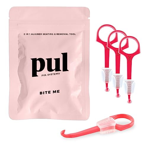 PUL Chewies & Clear Aligner Removal 2 in 1 Combo Tool - Compatible with Invisalign Removable Braces & Trays, Aligners, Retainers, Dentures - Hygienic Oral Care - Compact & Durable - 4 Pack, Pink