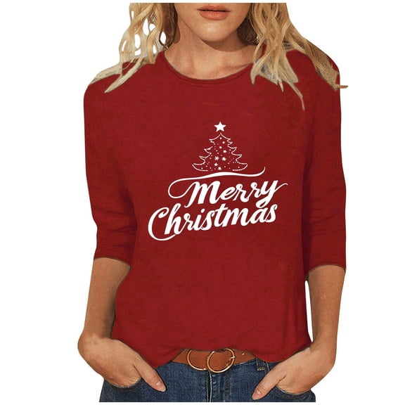 Maplenight Christmas Shirts for Women 3/4 Length Sleeve Tunic Tops Xmas Tree Cute Print T Shirts Crew Neck Graphic Tees