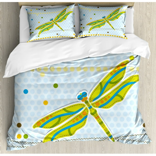 Dragonfly Queen Size Duvet Cover Set, Dragonfly Figure over Little