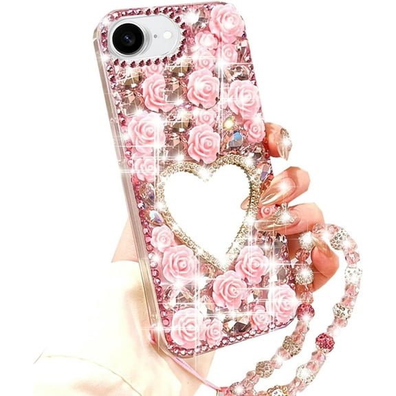 for iPhone 16e Glitter Bling Case,Cute 3D Sparkle Heart Makeup Mirror Crystal Rhinestones Flowers Diamond Gems Pearl with Lanyard Wrist Strap Women Girls Case for iPhone 16e 6.1" 2025 (Pink)