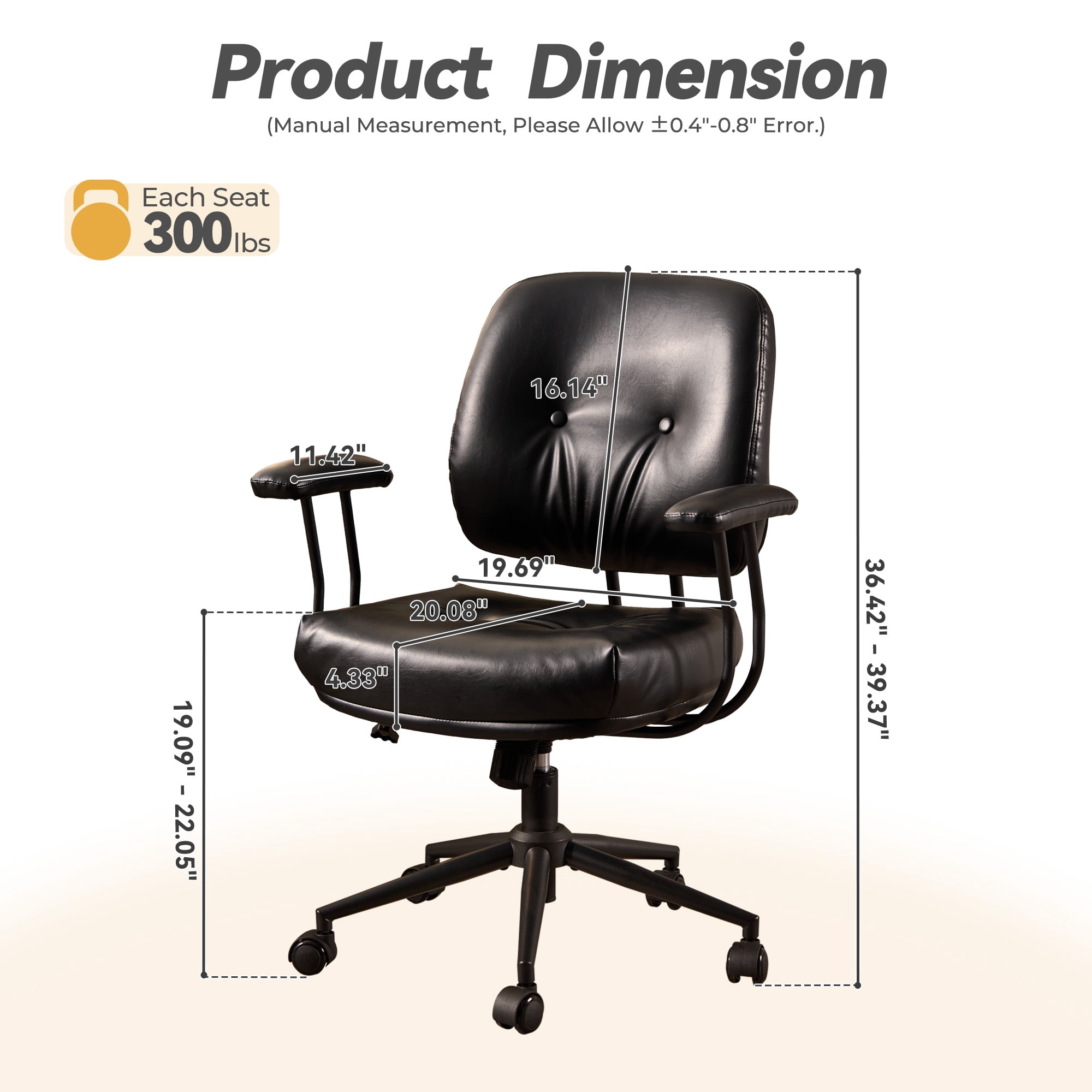 Toject Office Chair, Executive Desk Chair with Lumbar Support, Comfy Office Chair Adjustable Height Rolling Swivel Chair, Computer Chair Task Chair for Office Area, PU Leather, Black
