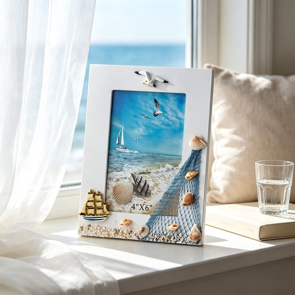 Nautical Photo Frame,Wooden Sea Style Ornament with Shell And Starfish Embossed Detail Stable Display Stand,Picture Holder for Living Room Cabinet,Bedroom Vanity,Beach House Counter