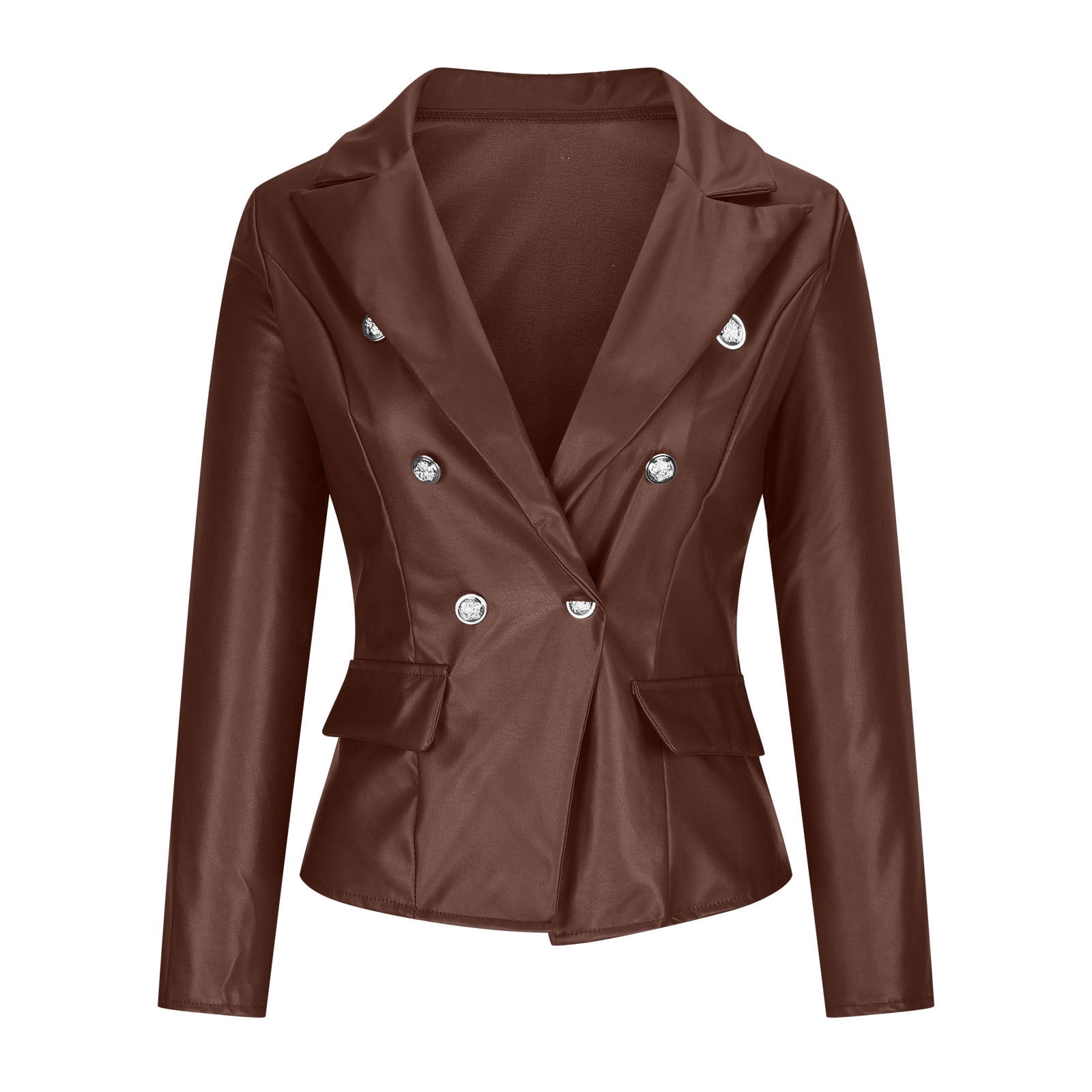 jsaierl Double Breasted Buttons Faux Leather Blazer Women Long Sleeve Coat Notch Collar Leather Jacket Women