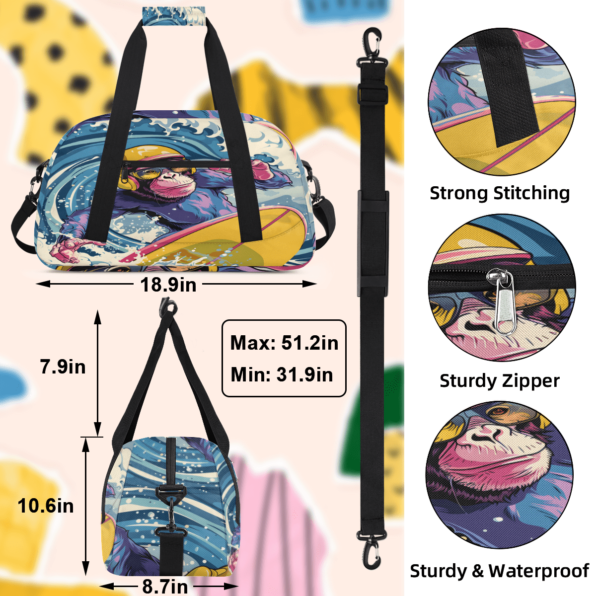 Herdesigns Monkey Sports Duffle Bag for Women & Men, Funny Gym Bag Dance Bag Overnight Bag Carry On Weekender Travel Bag