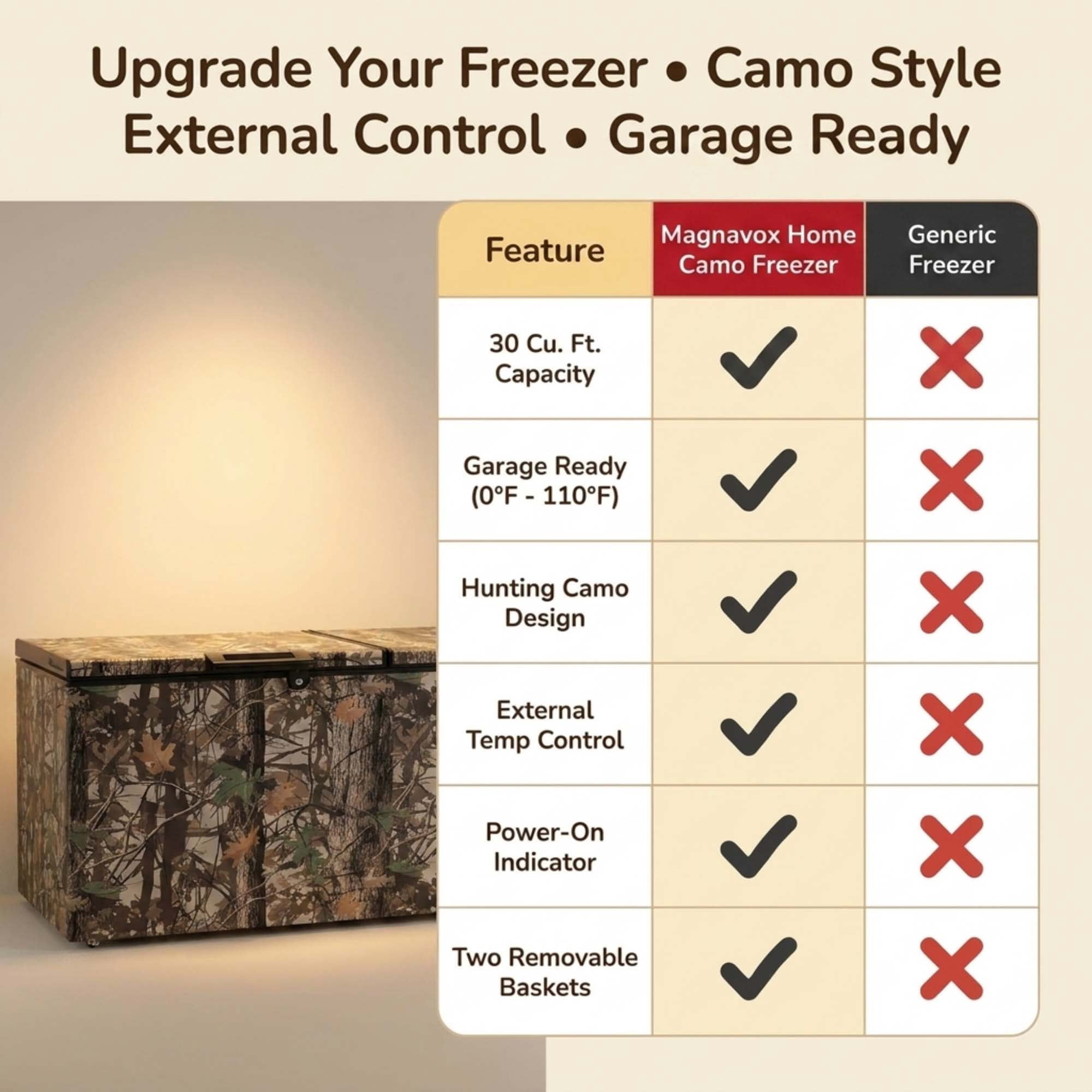 Magnavox 30 Cu. ft. 2-Door Chest Freezer, Garage Ready Hunting Camo Deep Freezer