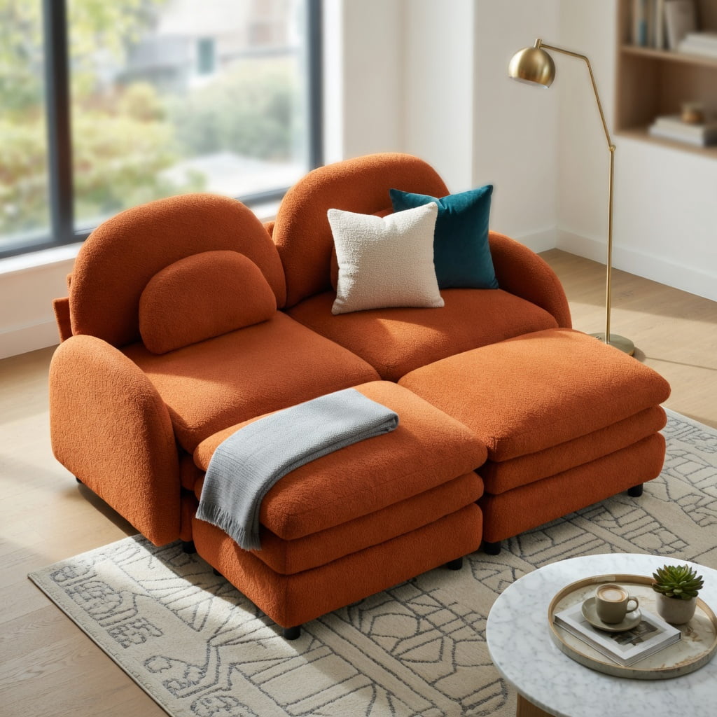 Hommoo Teddy Fleece 2-Seat Modular Sofa Set in Vibrant, Cloud-Like Double-Layer Cushions, Curved Backrest & Armrests, Includes 2 Movable Ottomans & Lumbar Pillows, Orange