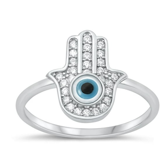 Clear CZ Simulated Mother of Pearl Hamsa Evil Eye Ring 925 Sterling Silver Band White Female Size 9