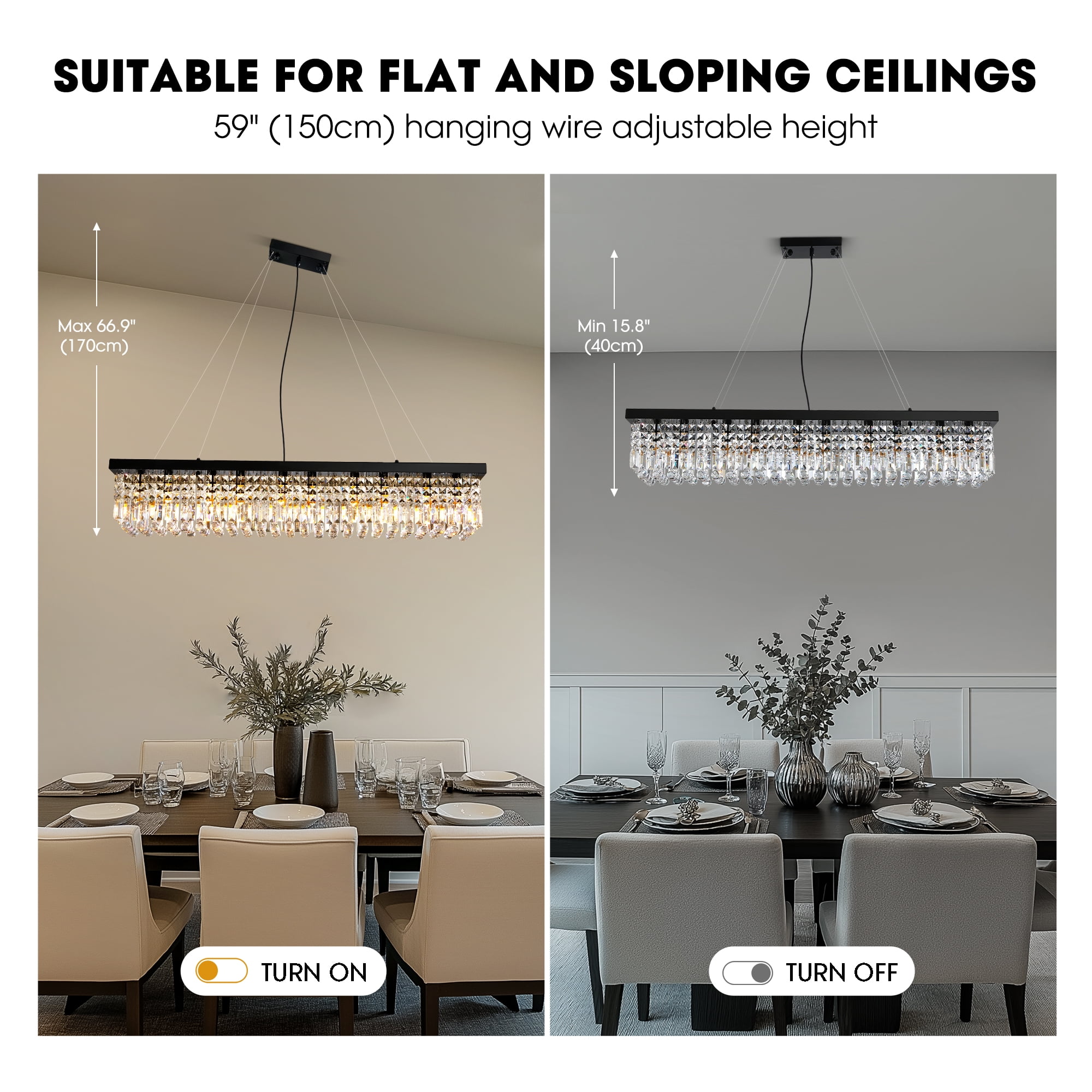HOOMEDELIER Modern Crystal Chandelier,47" Rectangular Chandelier Pendent Light Fixture,Ceiling Chandelier for Indoor