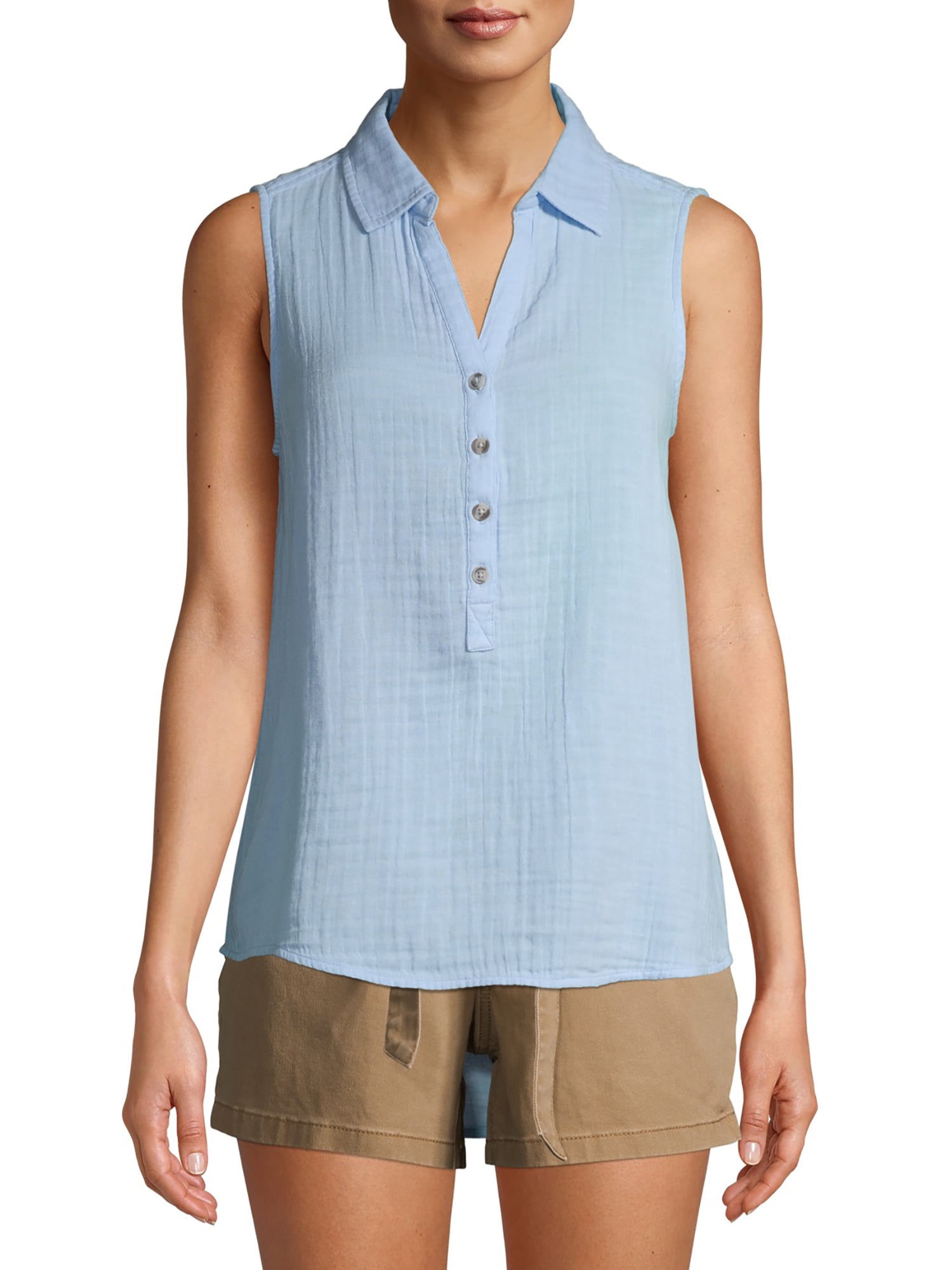Time and Tru Women's Double Cloth Henley Popover Tank Top