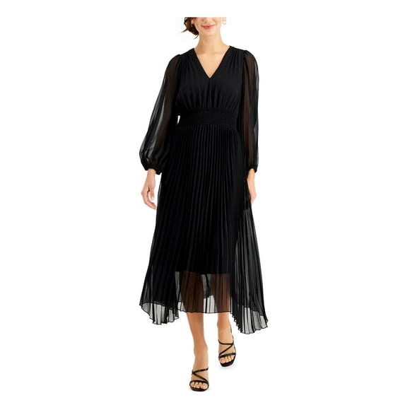 TAYLOR Womens Black Stretch Pleated Sheer Smocked Lined Long Sleeve V Neck Midi Formal Fit + Flare Dress Petites 6P