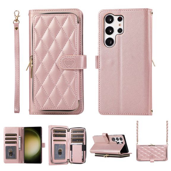 Feishell Zipper Wallet Case for Samsung Galaxy S25 Ultra, PU Leather Card Holder Crossbody Case with Chain Strap and Wrist Strap for Women Girls, Shockproof Full Body Protection Stand Cover, Rosegold