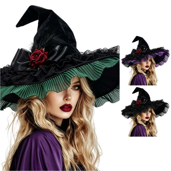 DHFJKG Halloween Witch Hat With Ruffled Lace And Red Rose, Wide Brim Pointed Witch Hats For Women Halloween Party