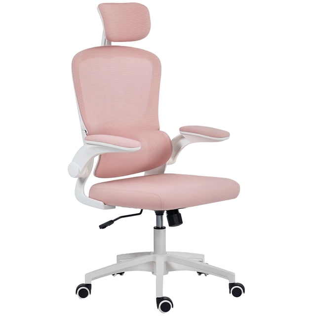 Pink Ergonomic Mesh Office Chair with Adjustable Headrest & Flip-Up Armrests - Lumbar Support Desk Chair for Home Office, Living Room & Compact Spaces