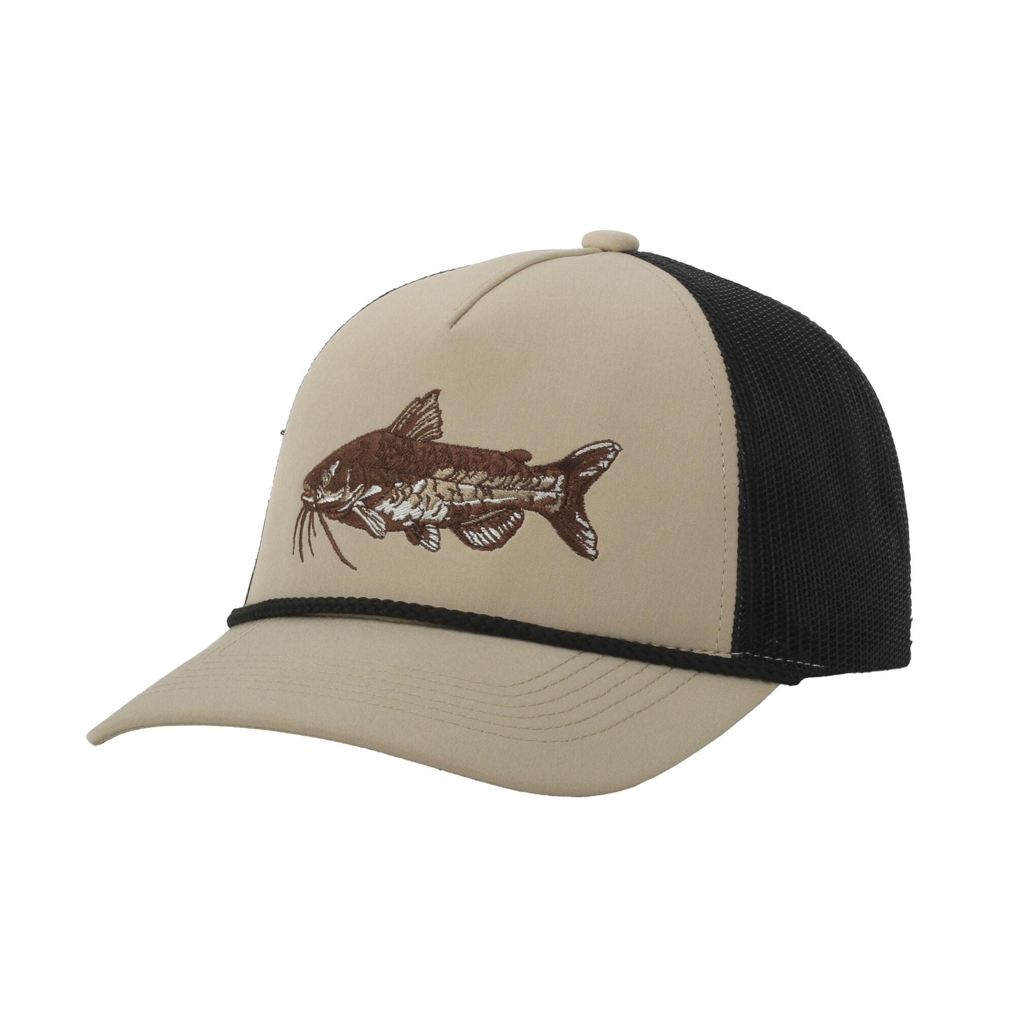 Beige/Black Catfish 5-Panel Fishing Cap – Structured, Embroidered, Snapback, One Size