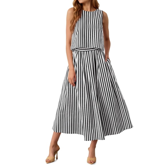 Womens 2 Piece Skirt Sets Summer Striped Sleeveless Tank Tops Midi Dress Travel Vacation Outfits Matching Sets Black M