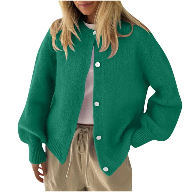 WRKEKC Cardigan Sweaters for Women Long Sleeve Crew Neck Solid Color Button Knitted Open Front Sweater Top for Women Fall Winter Casual Trendy Outfits