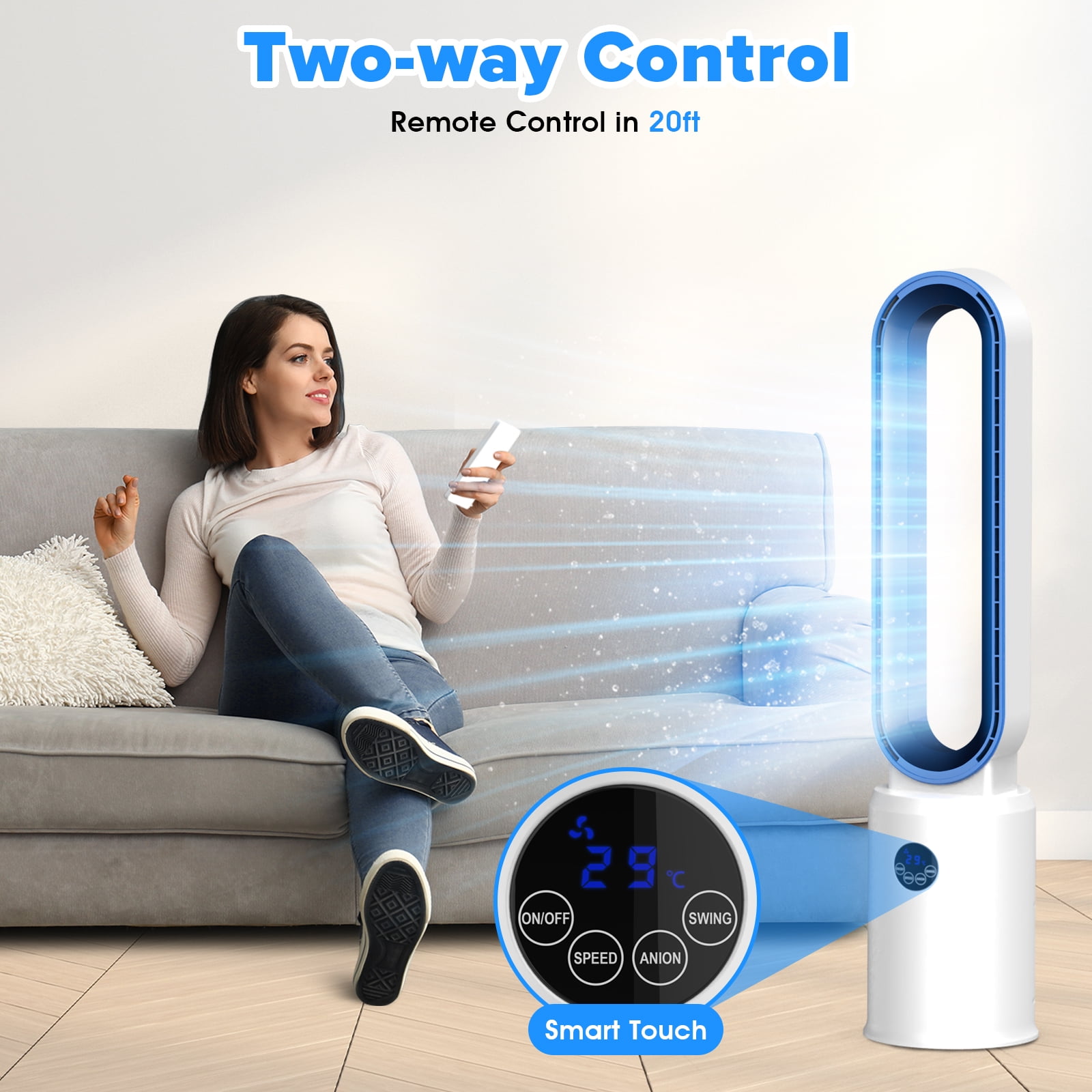 Advwin 38"Bladeless Tower Fan, Quiet Cooling Air Circulator with 60° Oscillation, 24 Speeds, White