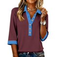 thumbnail image 3 of Polo Shirts for Women Button Deep V Neck 3/4 Length Sleeve Summer Tops Patchwork Casual Comfy Loose Fit Cute T Shirts, 3 of 5