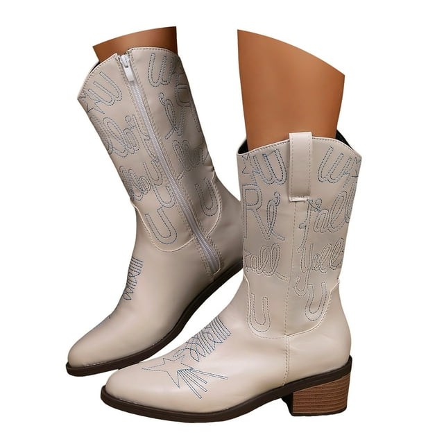 Leozcaa Women's Cowboy Boots Knee High Side Zipper Western Embroidered Pull On Tall Boot Fall Winter