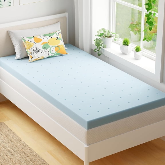 2 Inch Twin XL Memory Foam Mattress Topper- Cooling Gel Infused | Pressure Relieving Pad in a box, Dorm Room Essentials, CertiPUR Certified, Blue