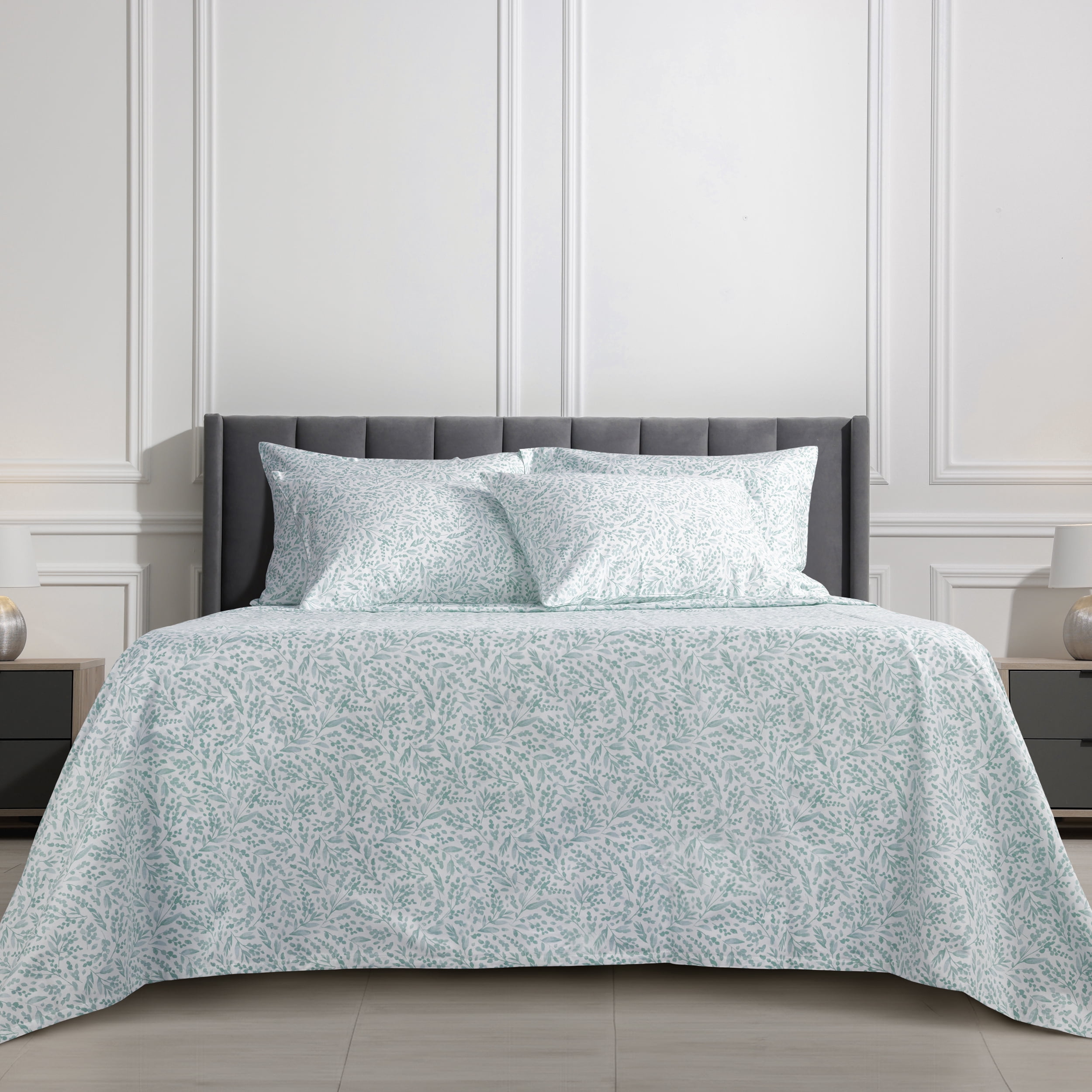 Serta 6-Piece 800 Thread Count Blue Botanical Cotton Rich Adult Bed Sheet Set, King - Deep Pocket