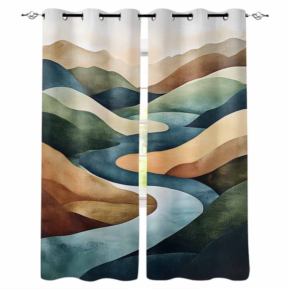 Colorful Abstract Art Blackout Curtains for Bedroom/Living Room, Thermal Insulated Kitchen Curtains, Mountain Modern Watercolor Grommet Darkening Window Treatment Drapes 27.5"x39"x2