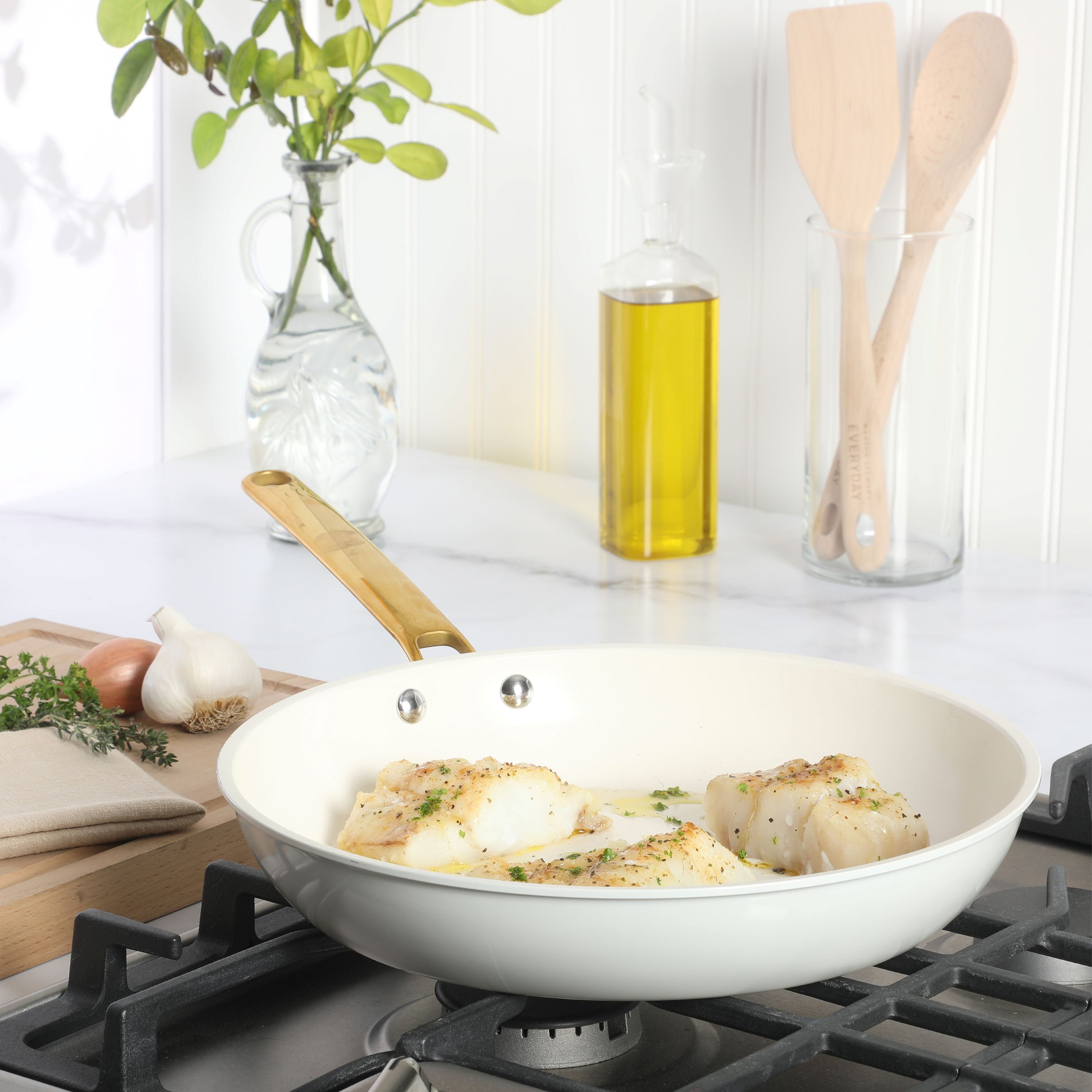 Martha Stewart 12-Inch Ceramic Nonstick Frying Pan Skillet, Linen with Gold Handle