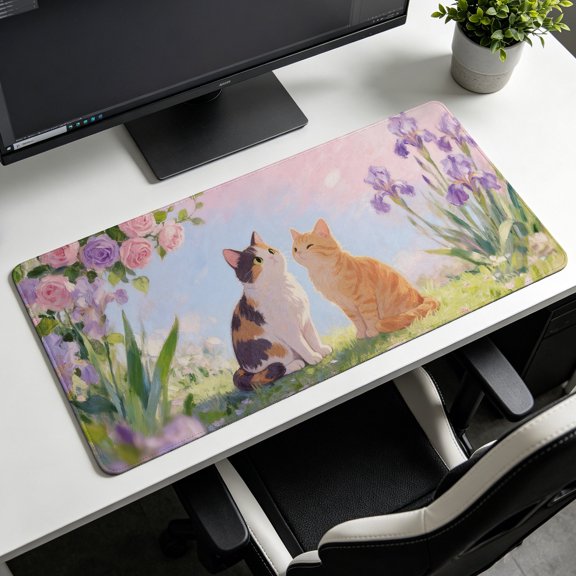 Extra Large lovely cats and flowers garden art Mouse Pad,Non Slip Rubber Pad,Desktop Decoration Drotection Pad,Washable,Lock Edge Multi Size,Premium Multipurpose Mousepad