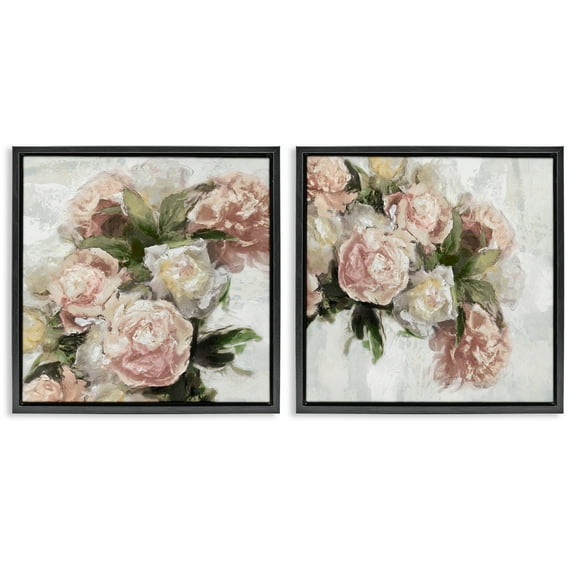 Stupell Industries Traditional Peony Blossoms Arrangement Botanical & Floral Painting Black Floater Framed Canvas Art Print Wall Art, 18 x 18, Set of 2