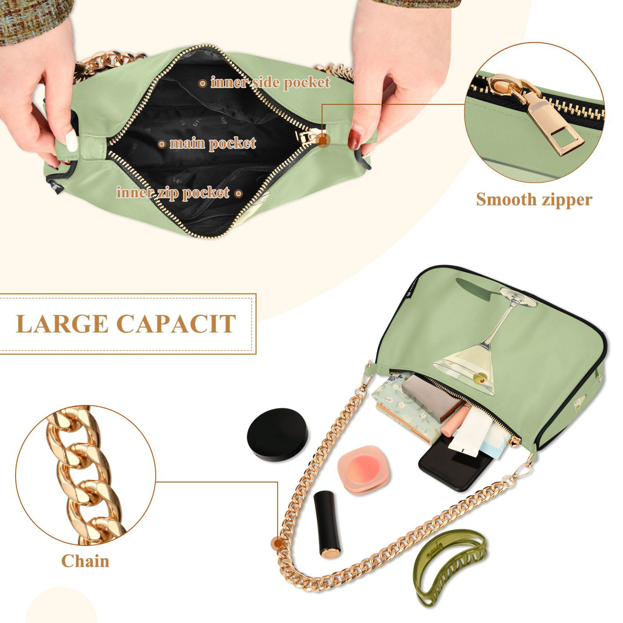FORMRS Womens Shoulder Bag with Chain Strap Clutch Purse Cute Tote Handbag, Light Green Martini