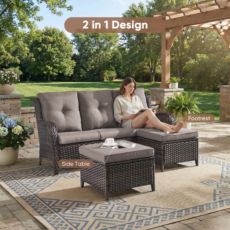 PARKWELL Outdoor Patio Wicker Furniture Set - 5 Piece Sectional Sofa Set with 3-Seat Sofa,2 Chairs and 2 Ottomans,Brown Wicker and Gray Cushion